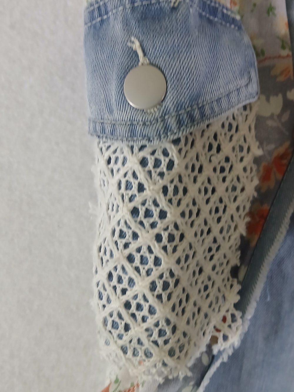 POL Light Wash Patchwork Flare Jeans with Orange Floral & Cream Crochet - Picture 8 of 8
